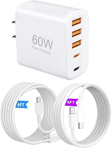 USB C Charger Block, 60W Fast Charging Multiport Adpater [2 USB-C & 3 USB-A Port] with 4FT & 6FT USB C Cable, 5-Port Type C Box Brick USB A Plug for i Phone 17/16/15/S25/S24/S23 in Kuwait