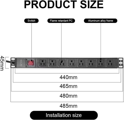19" 1U Rack Mount PDU Power Strips 8 Outlet Mountable Power Strip, Wall Mount Outlet Power Strip Heavy Duty, Wide Spaced 15A 125V 1875W, 6 FT SJT 14AWG Power Cord (6FT) (8 Outlet) in Kuwait
