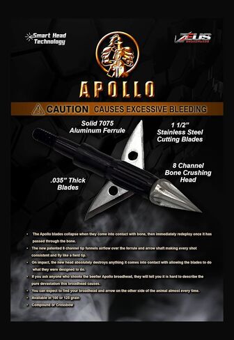 Apollo 100 Grain BROADHEADS by Zeus with Patented Smart Head Technology (3 Pack), Hunting Arrow Heads Patented Tip and Blades, 2 Blade in Saudi Arabia