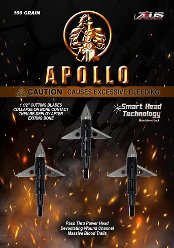 Apollo 100 Grain BROADHEADS by Zeus with Patented Smart Head Technology (3 Pack), Hunting Arrow Heads Patented Tip and Blades, 2 Blade in Saudi Arabia