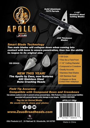 Apollo 100 Grain BROADHEADS by Zeus with Patented Smart Head Technology (3 Pack), Hunting Arrow Heads Patented Tip and Blades, 2 Blade in Saudi Arabia