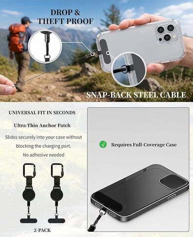 2-Pack Retractable Phone Tether, Anti-Theft Phone Strap with Locking Carabiner, Heavy-Duty Steel Line Cell Phone Lanyard for Hiking, Travel & Festivals in Saudi Arabia