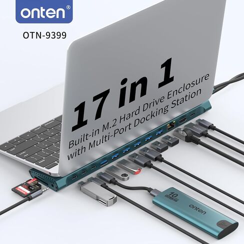 Onten USB C Docking Station with M.2 NVMe SSD Enclosure, 16-in-1 USB-C Hub with 4K HDMI, Ethernet, 5 USB 3.0, 3 USB-C, 100W PD, SD/TF Card Reader, Support 8TB M.2 NVMe SSD for MacBook, Windows Laptop in Saudi Arabia