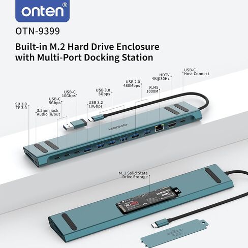 Onten USB C Docking Station with M.2 NVMe SSD Enclosure, 16-in-1 USB-C Hub with 4K HDMI, Ethernet, 5 USB 3.0, 3 USB-C, 100W PD, SD/TF Card Reader, Support 8TB M.2 NVMe SSD for MacBook, Windows Laptop in Saudi Arabia