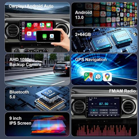 64GB Car Radio Stereo Upgrade for Toyota Tacoma 2016-2023, Plug and Play 9'' Android 13 Head Unit with Wireless Carplay/Android Auto/1080P Backup Camera/AM FM Radio in Saudi Arabia
