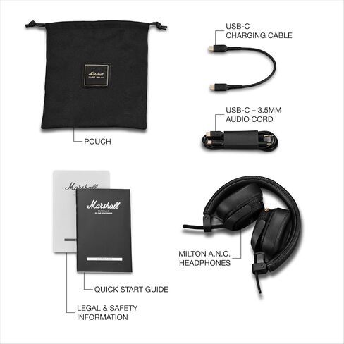Marshall Milton A.N.C. Wireless On-Ear Headphones - Adaptive Noise Cancellation | 80 Hr Playtime | Microphone for Calls | Durable & Foldable Design for Travel | Spatial Audio - Black in Saudi Arabia