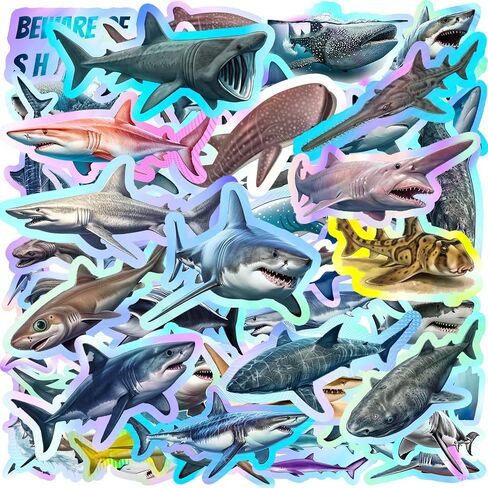 120PCS Holographic Realistic Shark Stickers, Shark Party Favors Birthday Party Decorations Vinyl Waterproof Stickers for Water Bottle Laptop Luggage Helmet Gifts for Teens Boys Girls Adult in Kuwait