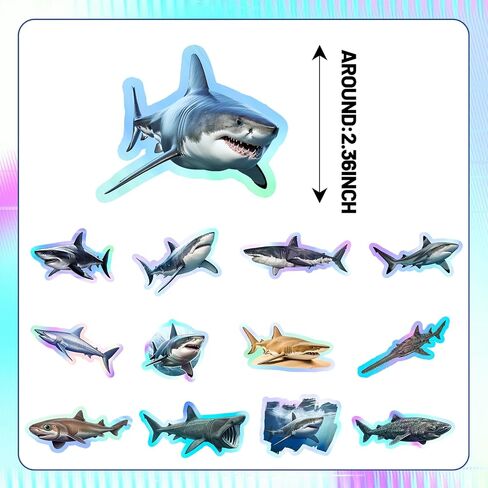 120PCS Holographic Realistic Shark Stickers, Shark Party Favors Birthday Party Decorations Vinyl Waterproof Stickers for Water Bottle Laptop Luggage Helmet Gifts for Teens Boys Girls Adult in Kuwait