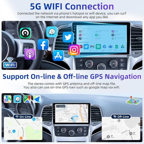 8 Core Car Radio for Jeep Grand Cherokee 2011 2012 2013: Upgrade Android 15 Touch Screen Stereo Wireless Carplay Android Auto 5GWiFi FM/AM RDS 36EQ GPS SWC Mirror Link Backup Camera in Kuwait