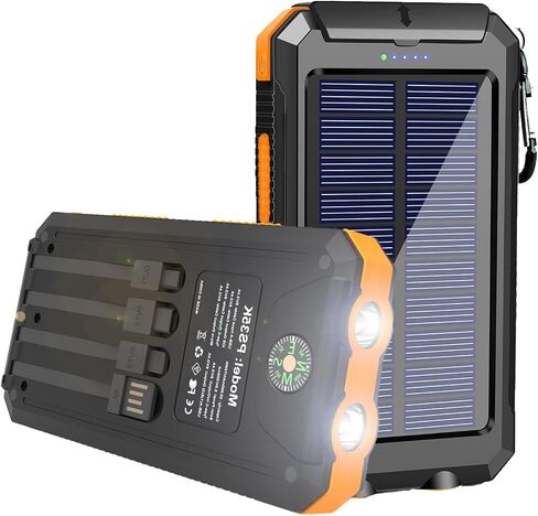 Solar Charger Power Bank 20000mAh Portable Charger with 4 Built-in Cables and USB-C in/Output, Dual Emergency Flashlights, Waterproof Outdoor Battery Pack for Camping, Hiking, Travel, and Storm Prep in Kuwait