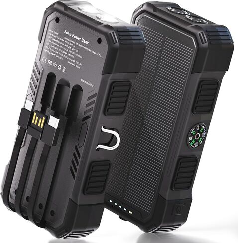 YELOMIN Solar Power Bank Portable Charger 20000mAh, 22.5W Fast Charging Compatible with iPhone Samsung iPad, 3 Built-in Cables & Dual LED Flashlight, Outdoor Battery Pack for Camping Travel Hiking in Kuwait