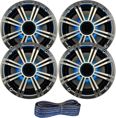 2 Pair (Qty 4) of Kicker 6.5" 2-Way 195 Watts Max Power Coaxial Marine Audio Multicolor LED Speakers with Silver Grilles, 50-Feet 16-Gauge Speaker Wire in Kuwait