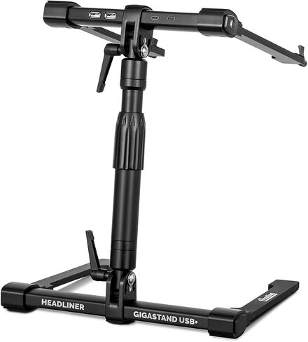 Headliner Gigastand USB+, Adjustable DJ Laptop Stand with Integrated USB-C Hub - Steel & Aluminum Construction, Foldable Design, Telescoping Neck - Perfect for DJs, Musicians, and Creators in Saudi Arabia