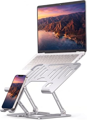 Adjustable Laptop Stand with Phone Holder, Ergonomic Alloy Steel Laptop Riser, Portable & Foldable Computer Stand for Desk, Compatible with MacBook Pro/Air All 10-18" Laptops (Black) in Kuwait