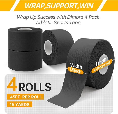 Dimora Athletic Tape, Easy Tear Sports Tape with Serrated Edges, Strong Adhesion, No Residue, Ideal for Gymnastics, Boxing, Lacrosse, Hockey and First Aid (Black, 1.5 in x 45 ft, Pack of 4) in Kuwait