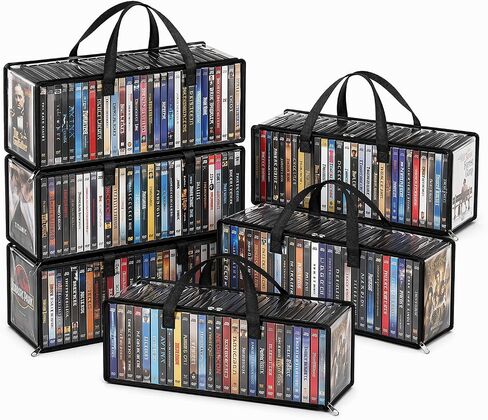 6 Pack DVD Storage Bags, PVC CD Storage with Handles and Zipper, Stackable Clear DVD Case Holder Media Organizer for DVD, CD, Blu Ray Disc, Movie Cases, VHS Box, Each Bag Holds 35 DVDs in Saudi Arabia