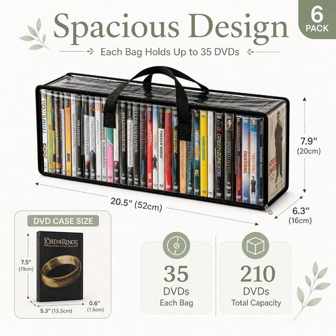 6 Pack DVD Storage Bags, PVC CD Storage with Handles and Zipper, Stackable Clear DVD Case Holder Media Organizer for DVD, CD, Blu Ray Disc, Movie Cases, VHS Box, Each Bag Holds 35 DVDs in Saudi Arabia