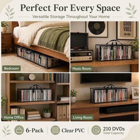 6 Pack DVD Storage Bags, PVC CD Storage with Handles and Zipper, Stackable Clear DVD Case Holder Media Organizer for DVD, CD, Blu Ray Disc, Movie Cases, VHS Box, Each Bag Holds 35 DVDs in Saudi Arabia