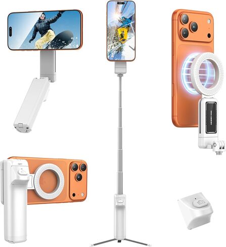 Feitenn Magnetic Selfie Stick Tripod, Detachable Remote, 40cm Extendable Phone Grip, 360° Adjustable Camera Holder, Pocket Vlog Hand Grip Compatible with iPhone 12-17 & All Smartphones in Saudi Arabia