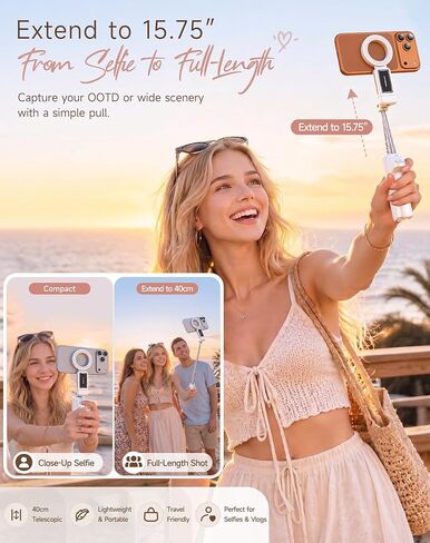 Feitenn Magnetic Selfie Stick Tripod, Detachable Remote, 40cm Extendable Phone Grip, 360° Adjustable Camera Holder, Pocket Vlog Hand Grip Compatible with iPhone 12-17 & All Smartphones in Saudi Arabia