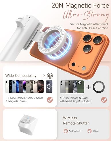 Feitenn Magnetic Selfie Stick Tripod, Detachable Remote, 40cm Extendable Phone Grip, 360° Adjustable Camera Holder, Pocket Vlog Hand Grip Compatible with iPhone 12-17 & All Smartphones in Saudi Arabia
