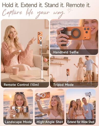 Feitenn Magnetic Selfie Stick Tripod, Detachable Remote, 40cm Extendable Phone Grip, 360° Adjustable Camera Holder, Pocket Vlog Hand Grip Compatible with iPhone 12-17 & All Smartphones in Saudi Arabia