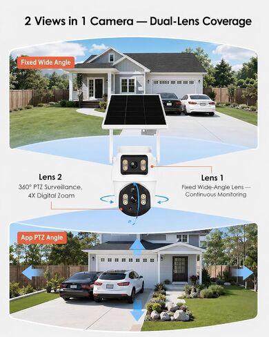 XIAOVV 4K Dual Lens Solar Security Cameras Wireless Outdoor, 2.4GHz WiFi for Home Security, 360° PTZ View, Color Night Vision, PIR Motion Detection, 8000mAh Battery, 2-Way Audio, IP66 in Kuwait