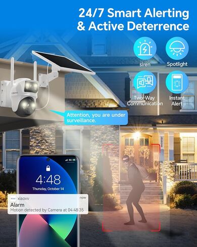 XIAOVV 4K Dual Lens Solar Security Cameras Wireless Outdoor, 2.4GHz WiFi for Home Security, 360° PTZ View, Color Night Vision, PIR Motion Detection, 8000mAh Battery, 2-Way Audio, IP66 in Kuwait