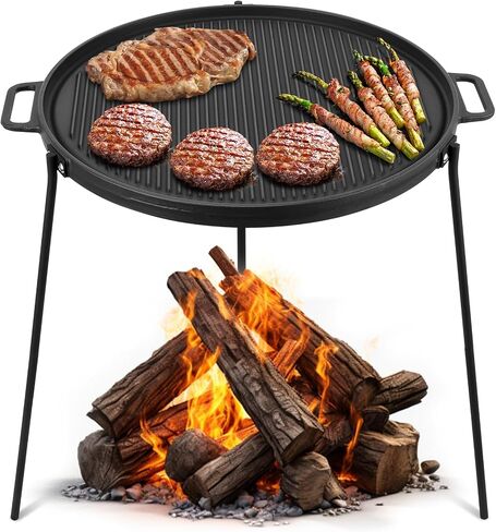 Onlyfire 18" Campfire Grill Griddle, Double Sided Reversible Portable Campfire Grill, Cast Iron Camping Griddle with Handles, 3 Removable & Height Adjustable Legs, Perfect for Grills and Outdoor BBQ in Kuwait