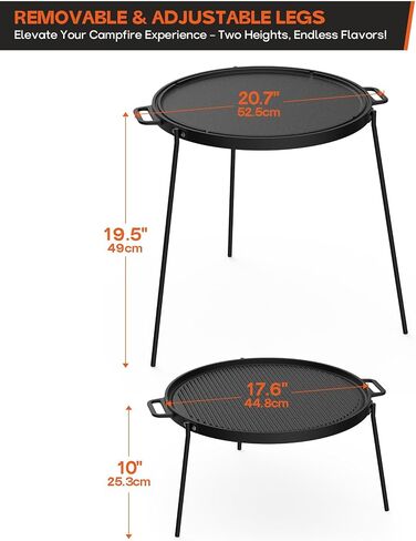 Onlyfire 18" Campfire Grill Griddle, Double Sided Reversible Portable Campfire Grill, Cast Iron Camping Griddle with Handles, 3 Removable & Height Adjustable Legs, Perfect for Grills and Outdoor BBQ in Kuwait