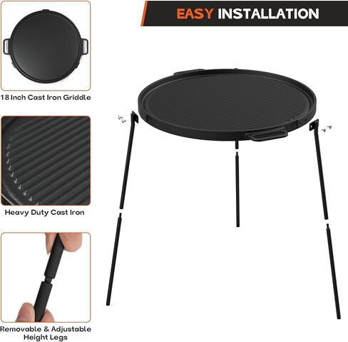 Onlyfire 18" Campfire Grill Griddle, Double Sided Reversible Portable Campfire Grill, Cast Iron Camping Griddle with Handles, 3 Removable & Height Adjustable Legs, Perfect for Grills and Outdoor BBQ in Kuwait