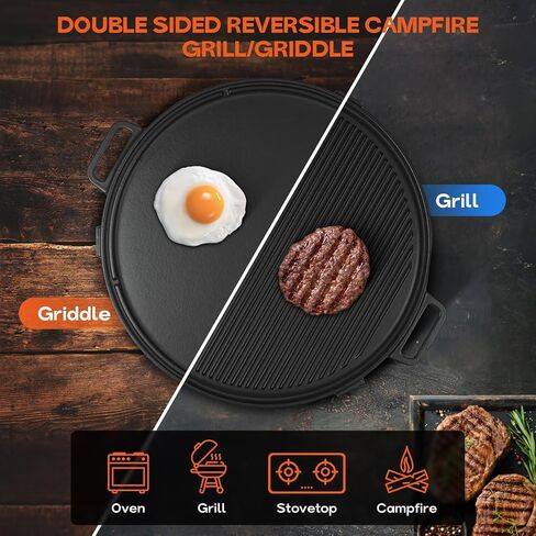 Onlyfire 18" Campfire Grill Griddle, Double Sided Reversible Portable Campfire Grill, Cast Iron Camping Griddle with Handles, 3 Removable & Height Adjustable Legs, Perfect for Grills and Outdoor BBQ in Kuwait