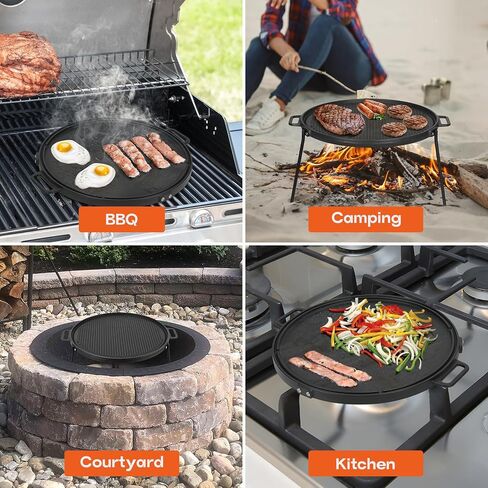 Onlyfire 18" Campfire Grill Griddle, Double Sided Reversible Portable Campfire Grill, Cast Iron Camping Griddle with Handles, 3 Removable & Height Adjustable Legs, Perfect for Grills and Outdoor BBQ in Kuwait