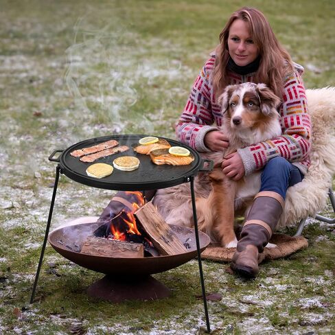 Onlyfire 18" Campfire Grill Griddle, Double Sided Reversible Portable Campfire Grill, Cast Iron Camping Griddle with Handles, 3 Removable & Height Adjustable Legs, Perfect for Grills and Outdoor BBQ in Kuwait