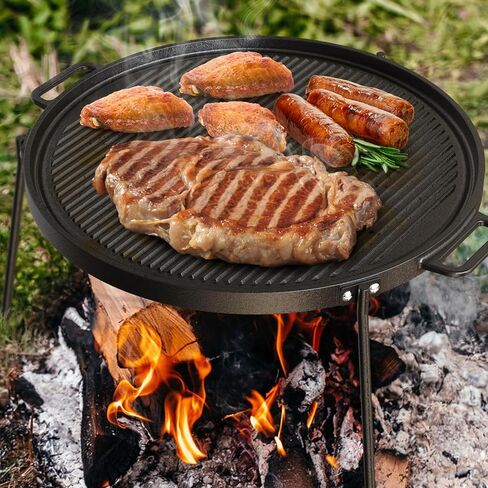 Onlyfire 18" Campfire Grill Griddle, Double Sided Reversible Portable Campfire Grill, Cast Iron Camping Griddle with Handles, 3 Removable & Height Adjustable Legs, Perfect for Grills and Outdoor BBQ in Kuwait