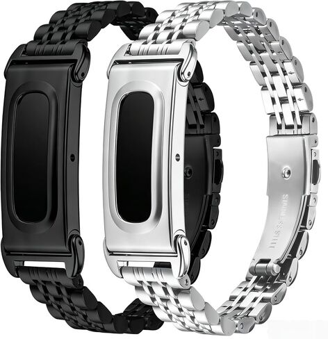 Stainless Steel Metal Band Compatible with Google Fitbit Air,2 Pack Replacement Watch Strap (Black + Silver), Adjustable Metal Link Bracelet Wristband for Men Women, Fits 5.5-8.1 Inch Wrist in Saudi Arabia