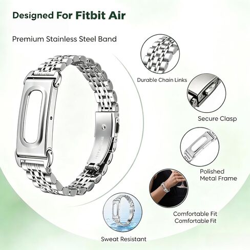 Stainless Steel Metal Band Compatible with Google Fitbit Air,2 Pack Replacement Watch Strap (Black + Silver), Adjustable Metal Link Bracelet Wristband for Men Women, Fits 5.5-8.1 Inch Wrist in Saudi Arabia