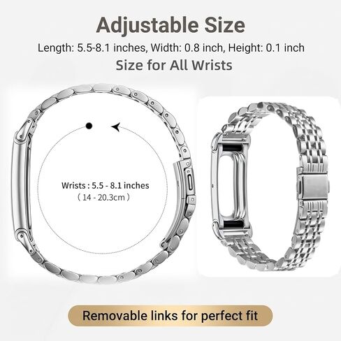 Stainless Steel Metal Band Compatible with Google Fitbit Air,2 Pack Replacement Watch Strap (Black + Silver), Adjustable Metal Link Bracelet Wristband for Men Women, Fits 5.5-8.1 Inch Wrist in Saudi Arabia