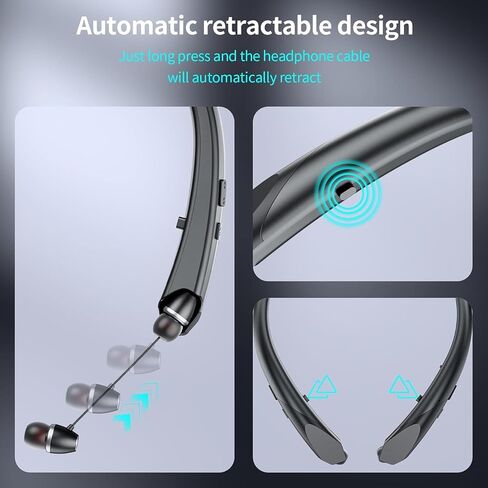 Retractable Neckband Bluetooth Headphones, Bluetooth 6.0 Wireless Neck Earbuds with Auto Retractable Ear Cables, 24H Playtime HiFi Deep Bass Stereo Headset for Sports Workout Commute Work Meeting in Saudi Arabia