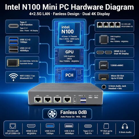 N100 Fanless Firewall Mini‑PC, 4x2.5G i226‑V, 8GB RAM 128GB eMMC in Kuwait