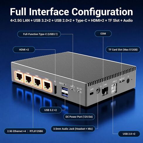 N100 Fanless Firewall Mini‑PC, 4x2.5G i226‑V, 8GB RAM 128GB eMMC in Kuwait