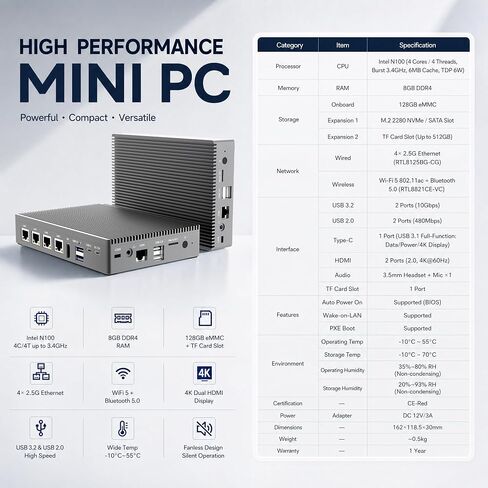 N100 Fanless Firewall Mini‑PC, 4x2.5G i226‑V, 8GB RAM 128GB eMMC in Kuwait