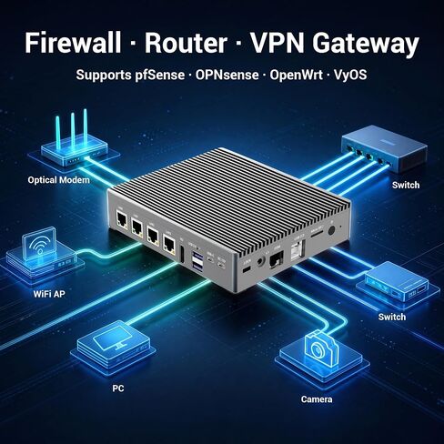 N100 Fanless Firewall Mini‑PC, 4x2.5G i226‑V, 8GB RAM 128GB eMMC in Kuwait