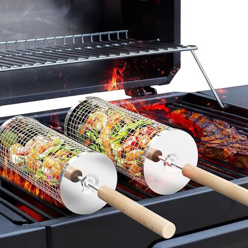 ivtivfu Rolling Grill Basket, Removable Wooden Handle, Nesting BBQ Tools in Kuwait