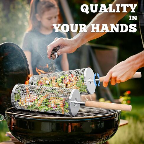 ivtivfu Rolling Grill Basket, Removable Wooden Handle, Nesting BBQ Tools in Kuwait