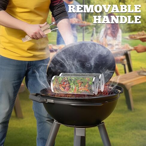 ivtivfu Rolling Grill Basket, Removable Wooden Handle, Nesting BBQ Tools in Kuwait