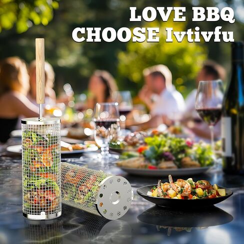 ivtivfu Rolling Grill Basket, Removable Wooden Handle, Nesting BBQ Tools in Kuwait