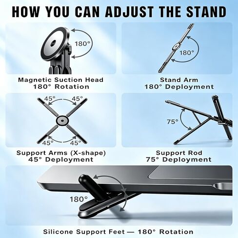 4-in-1 Foldable Laptop Stand with N52 Magnetic Phone Holder, Portable Aluminum Computer Stand for MacBook/ iPad/ Tablet, Adjustable Ergonomic Desk Stand for Home Office College Dorm & Travel Giftable in Saudi Arabia