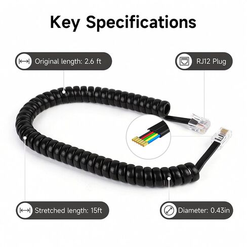 2 Pack 6P6C Telephone Cords, 2.6 ft (Unstretched) Male to Male Coiled Handset Cable, RJ12 Telephone Wires for Landline Phones, Office, Home (Black) in Saudi Arabia