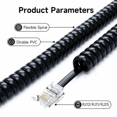 2 Pack 6P6C Telephone Cords, 2.6 ft (Unstretched) Male to Male Coiled Handset Cable, RJ12 Telephone Wires for Landline Phones, Office, Home (Black) in Saudi Arabia